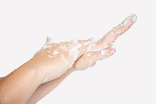 Γυναίκα Χέρια Απομονώνονται Λευκό Φόντο Πλένει Χέρια Σαπουνόφουσκες — Φωτογραφία Αρχείου