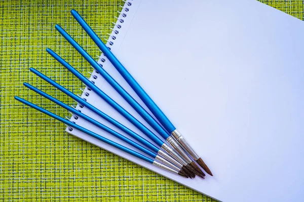 Beyaz bir albümde boya için fırçalar vardır. Gün Işığı Yeşil arka planı. Yaratıcı bir insan için elverişli bir iş yeri. Bir sanatçı için..