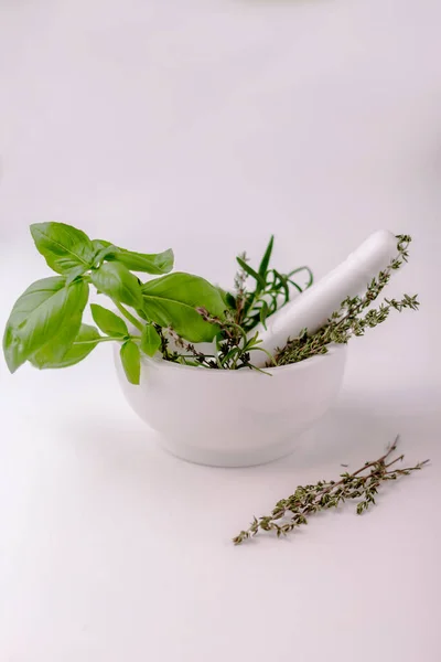Green basil, thyme, oregano in white ceramic mortar and pestle om white table. Alternative herbal medicine concept. Vertical photo. Isolated on white. Selective focus.
