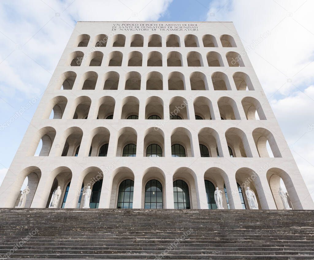 The Square Colosseum (Palazzo della Civilta Italiana) is a fascist-era building part of the rationalism architecture district EUR, in Rome, Italy