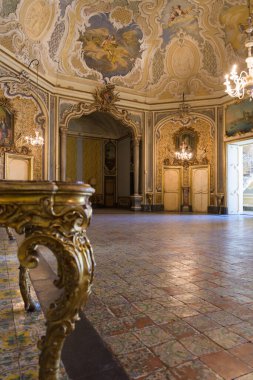 Catania, İtalya - 18 Ocak 2019: Sicilya Barok balo salonu ve resepsiyon salonlu Palazzo Biscari 'nin İçi, Catania, Sicilya, İtalya' da resimler ve süslemelerle süslenmiş