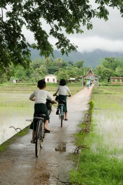 Hpa An, Myanmar - 13 Haziran 2014: Okul üniformalı çocuklar, Myanmar 'ın güneyindeki Hpa An kasabası etrafındaki çeltik tarlaları üzerinde beton bir köprüde bisiklet sürüyor.