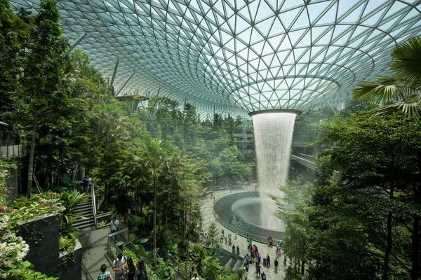 Singapur-30 Aug 2019 Jewel Changi Havalimanı, Singapur 'da kapalı şelalesi, tropikal ormanı, alışveriş merkezleri ve yemegi olan cam bir kubbenin altında bulunan yeni bir terminal binasıdır.