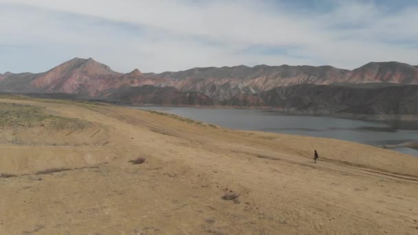 Ragazze Che Camminano Deserto Vicino Lago Drone — Video Stock