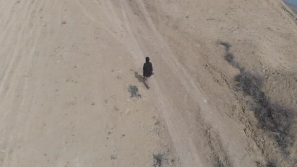女孩们在湖边的沙漠中散步 无人驾驶飞机 — 图库视频影像