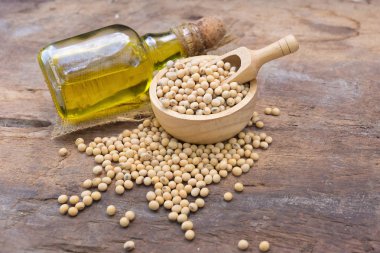 Soya fasulyesi ve soya yağı ahşap tablo.