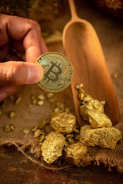 Altın bitcoin ve altın nugget tahıl arka planda tutan adam