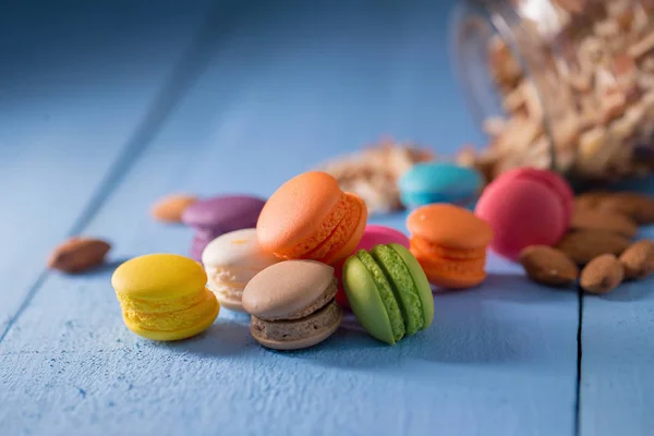 Closeup Colorful Macarons Blue Table Background — Stock Photo, Image