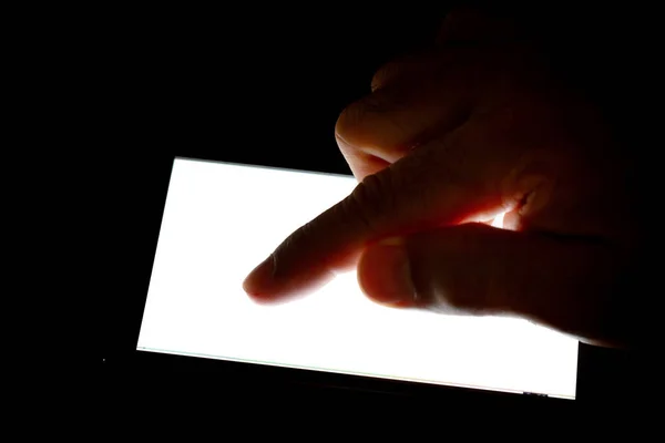 Hand Touching Screen Modern Smartphone Dark Background — Stock Photo, Image