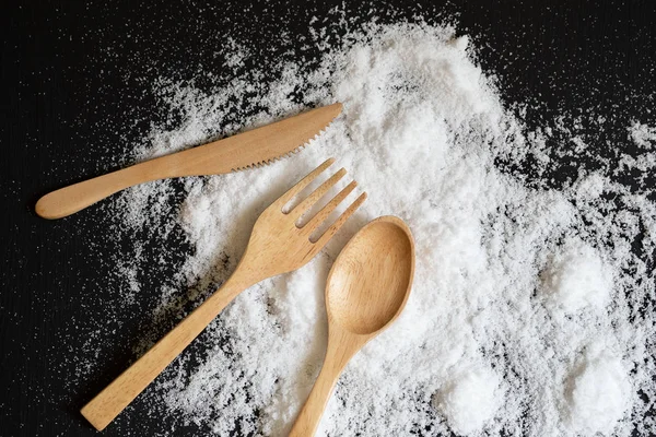 Spoons Forks Made Wood Salt Powder Back Wooden Background — Stock Photo, Image