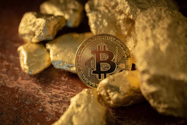 Złote Monety Bitcoin Kryptowaluta Kawałka Złota — Zdjęcie stockowe