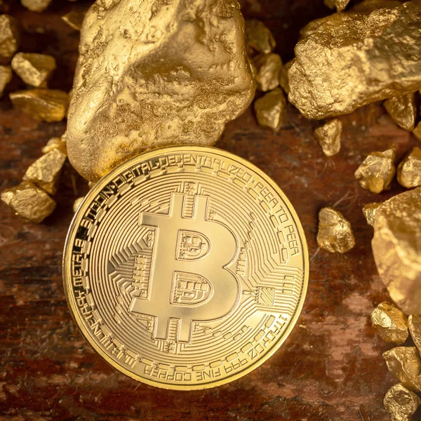 Moneda Oro Bitcoin Criptomoneda Con Pieza Oro — Foto de Stock