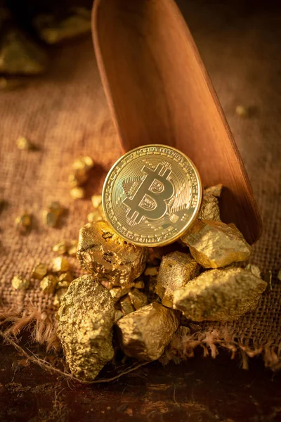 Moneda Oro Bitcoin Criptomoneda Con Pieza Oro — Foto de Stock