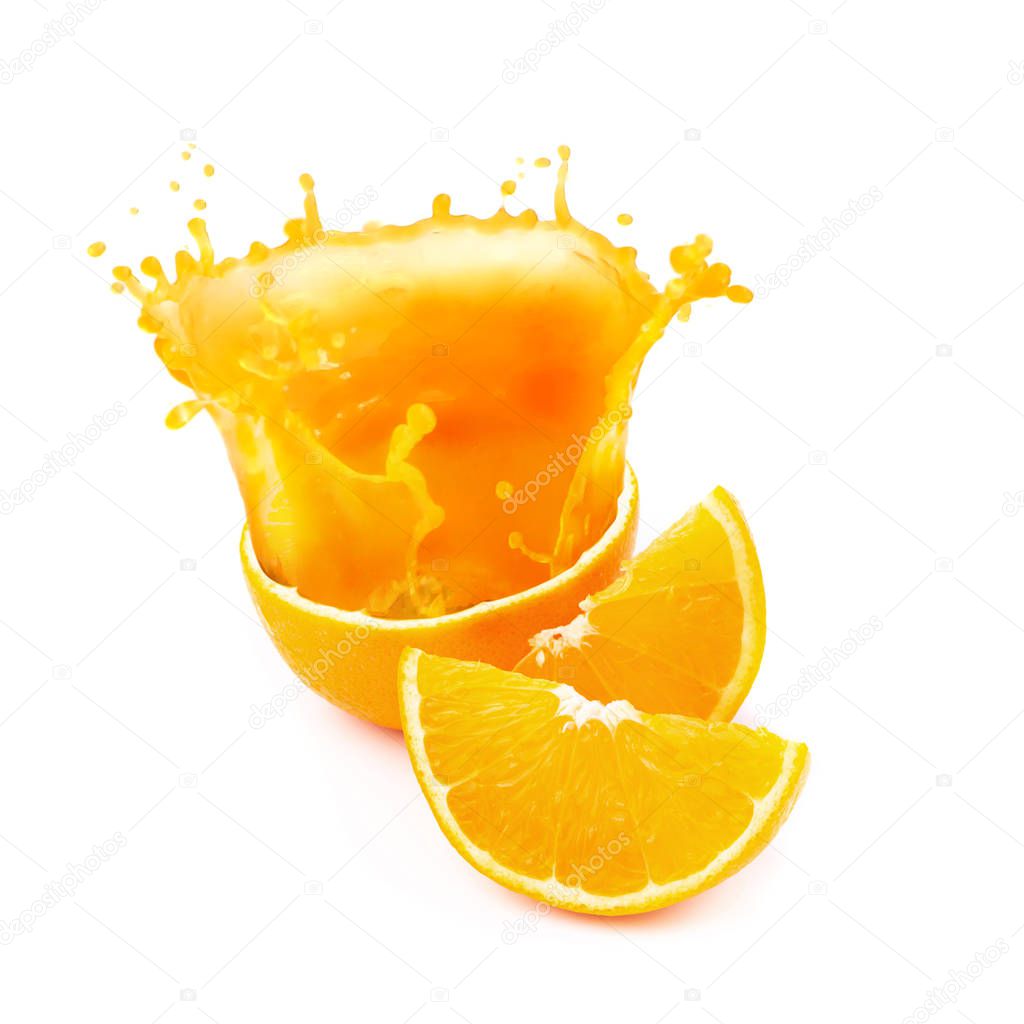 Orange juice splashing and orange slices isolated on white background