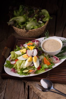 Yeşil salata ile turp ve haşlanmış yumurta çatal ve peçete beyaz plaka üzerinde çekim.