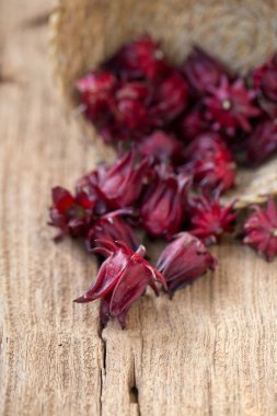 Roselle Hibiscus sabdariffa kırmızı meyve çiçek ahşap arka plan üzerinde. çay ya da şurup yapımında kullanılan.