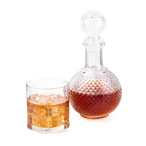 Whisky Botella Vaso Whisky Con Hielo Aislado Sobre Fondo Blanco —  Fotos de Stock
