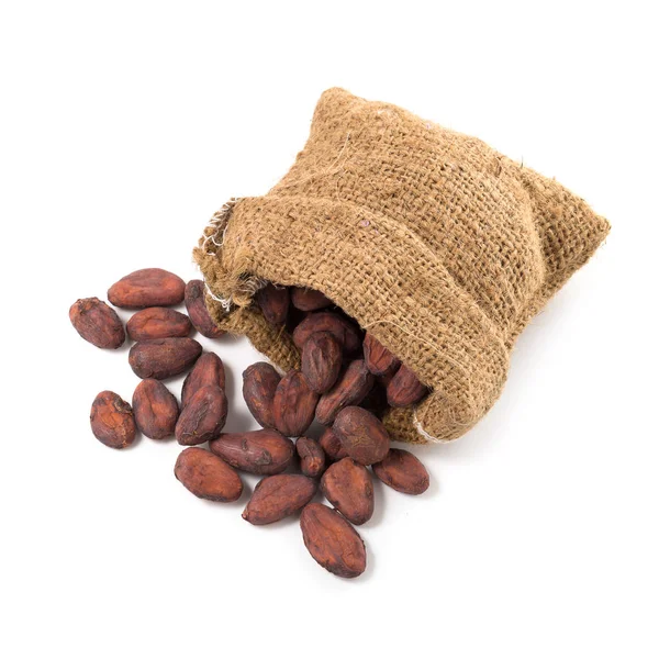 Raw Cacao Φασόλια Λινάτσα Πίσω Απομονώνονται Λευκό Φόντο — Φωτογραφία Αρχείου