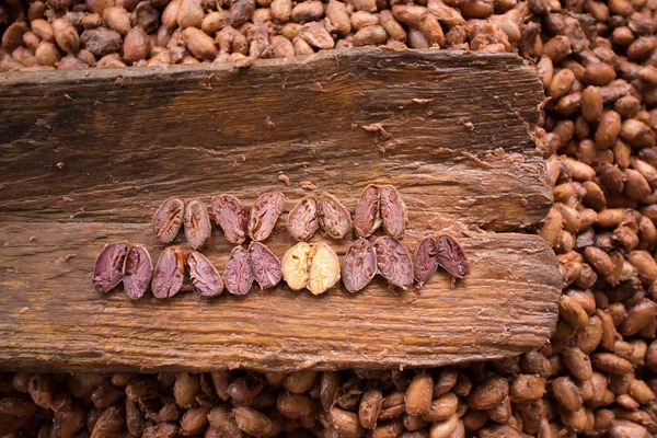 Close View Cutted Raw Cacao Beans Wooden Background — Stock Photo, Image