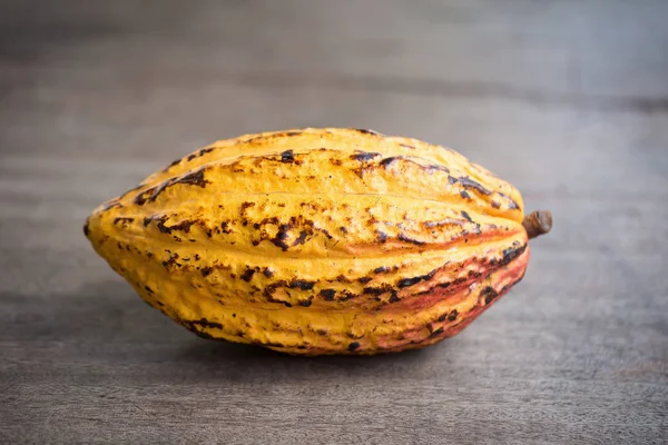 Een Cacao Vrucht Houten Achtergrond — Stockfoto