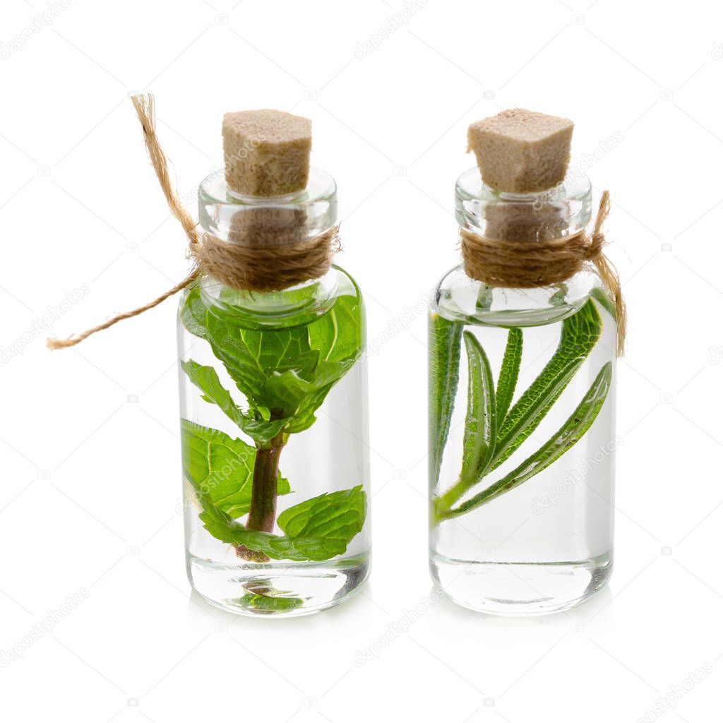 Essential oil made from mint and rosemary isolated on white background