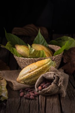 Ahşap arka plan üzerinde ham kakao çekirdekleri ile kakao meyve