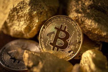 Altın Bitcoin-Cryptocurrency madeni para ile altın parçası