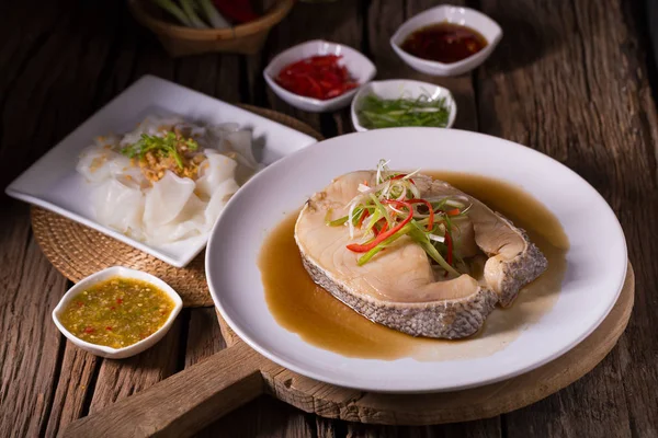 Snow Fish Steamed Soy Sauce White Plate — Stock Photo, Image