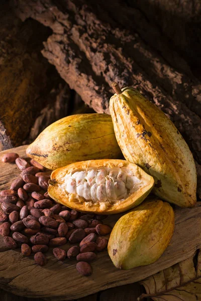Cacao Fruit Raw Cacao Beans Wooden Background — Stock Photo, Image