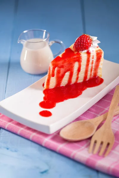 Strawberry Crepes Cake Strawberry Sauce Latte Blue Table Wooden Fork — Stock Photo, Image
