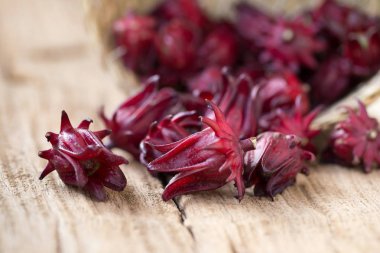 Roselle Hibiscus sabdariffa kırmızı meyve çiçek ahşap arka plan üzerinde