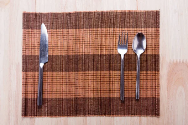 Vue Dessus Couteau Cuillère Fourchette Avec Serviette Sur Table Bois — Photo