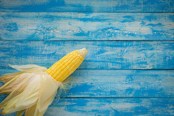 Milho maduro em uma mesa de madeira azul vista superior — Fotografia de Stock