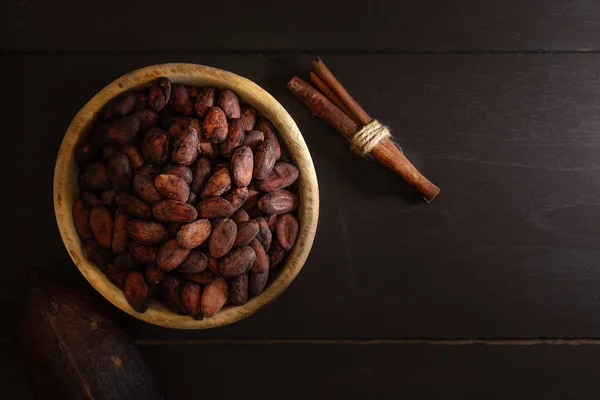 Dry Cocoa Beans Dark Wooden Background — Stock Photo, Image