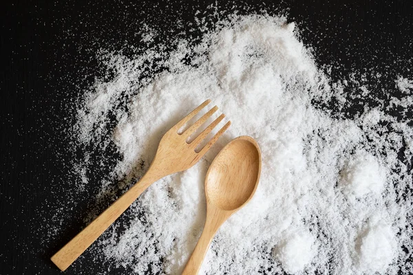 Spoons Forks Made Wood Salt Powder Back Wooden Background — Stock Photo, Image