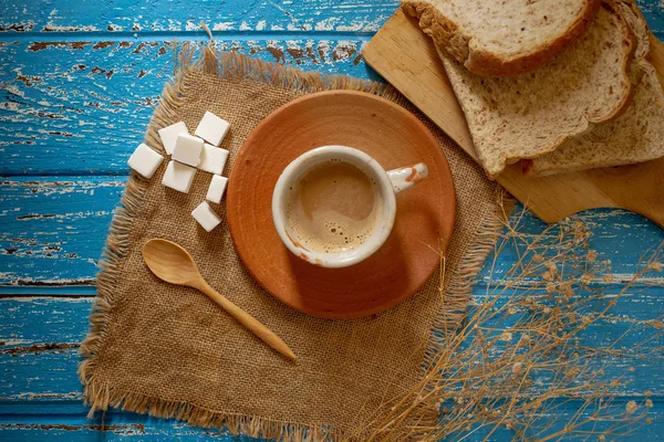 Cup Hot Coffee Bread Slices Blue Wooden Table — Stock Photo, Image