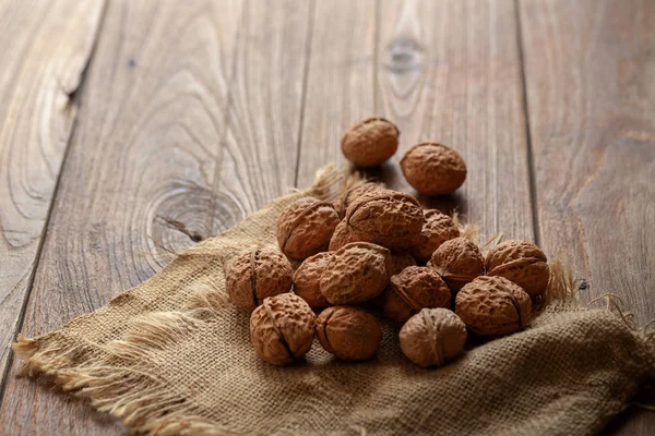 Walnuts Kernels Wooden Bowl Wooden Background — Stock Photo, Image