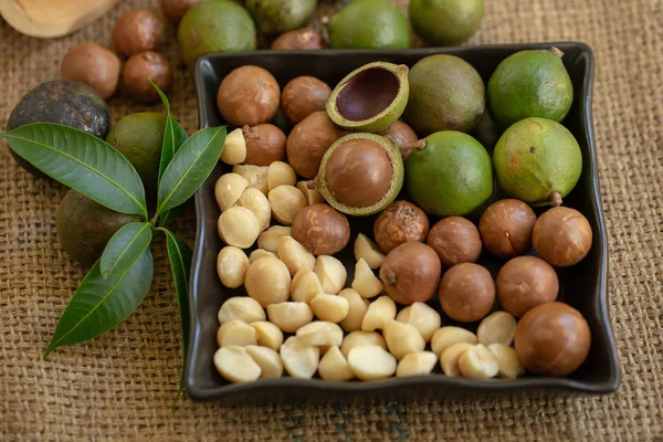 Macadamia Nüsse Auf Säcken Mit Grünen Blättern — Stockfoto