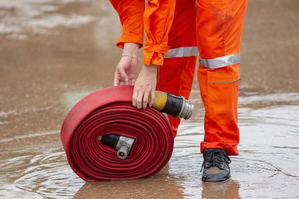 Rolled Roll Red Fire Hose Fire Equipment Extinguishers Ready Use — Stok Foto