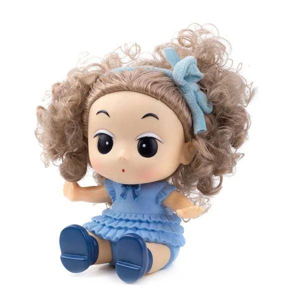 Meisje Baby Doll Dragen Blauw Geïsoleerd Witte Achtergrond — Stockfoto