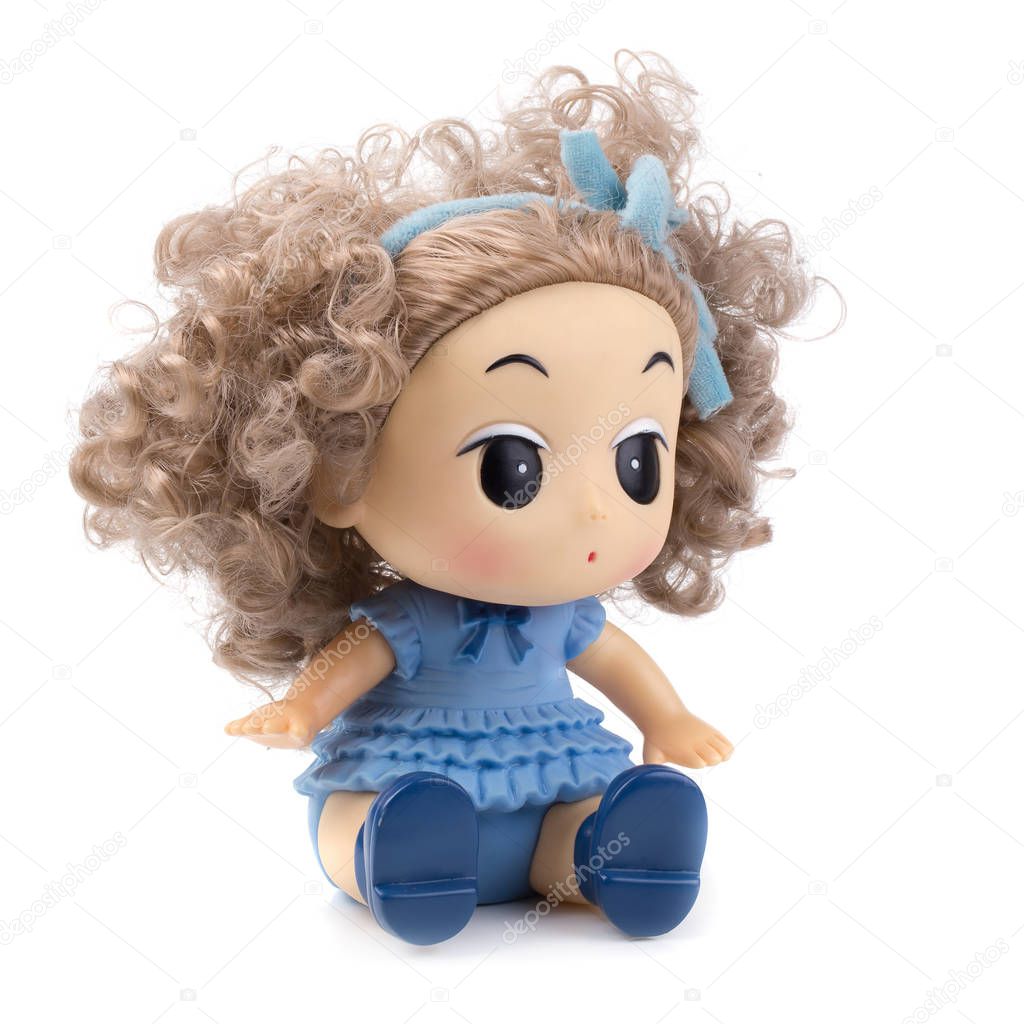 Girl baby doll wearing blue isolated on white background.