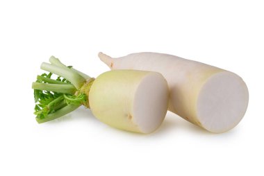 Beyaz bir arka plan üzerinde izole daikon turp.