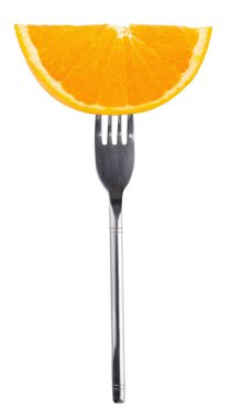 Paslanmaz çelik çatal Orang slice izole beyaz arka plan üzerinde.