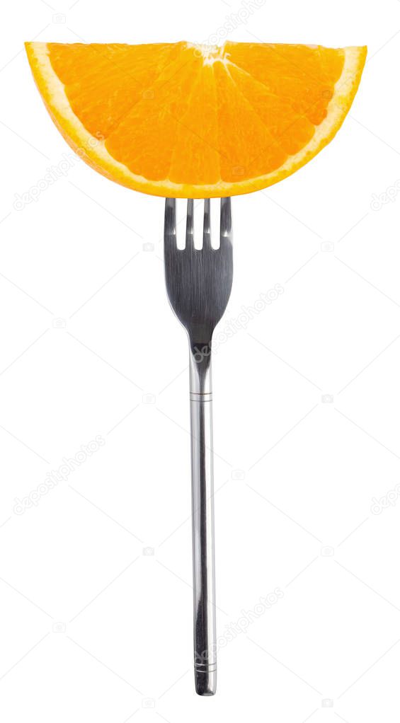 Orang slice on stainless steel fork isolate on white background.