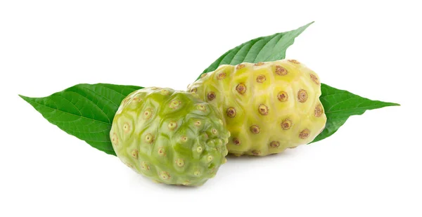 Noni Lub Morinda Citrifolia Owoce Zielony Liść Izolowane Białym Tle — Zdjęcie stockowe