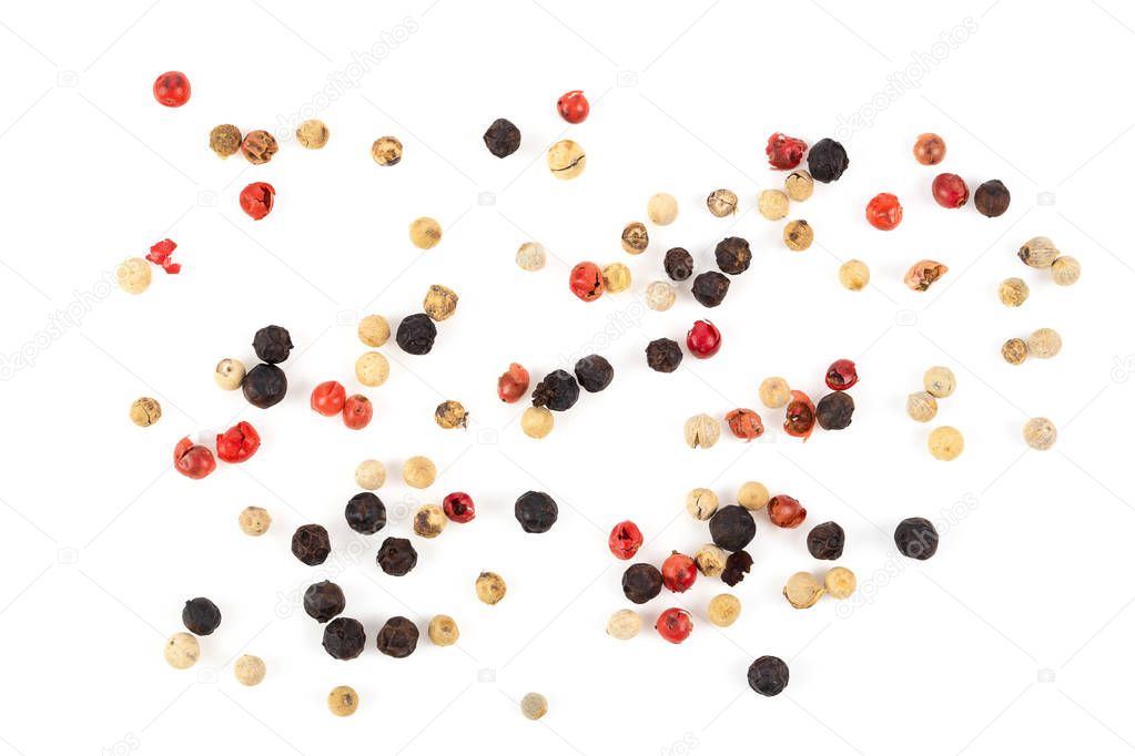 Dry Trio colour peppercorn grinder isolated on white background. Top view.