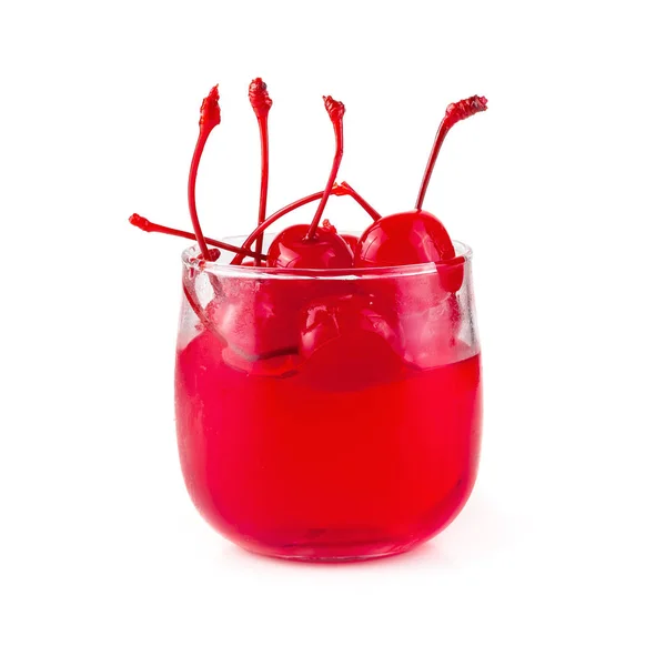 Strawberry Gelé Ett Glas Som Topping Med Körsbär Isolerad Vit — Stockfoto