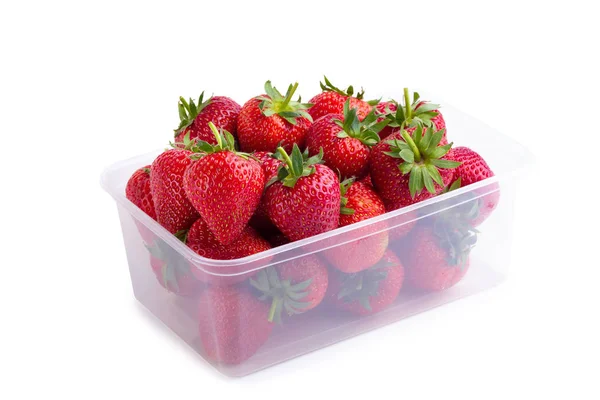 Frische Erdbeeren Einer Durchsichtigen Plastikbox Isoliert Auf Weißem Hintergrund — Stockfoto