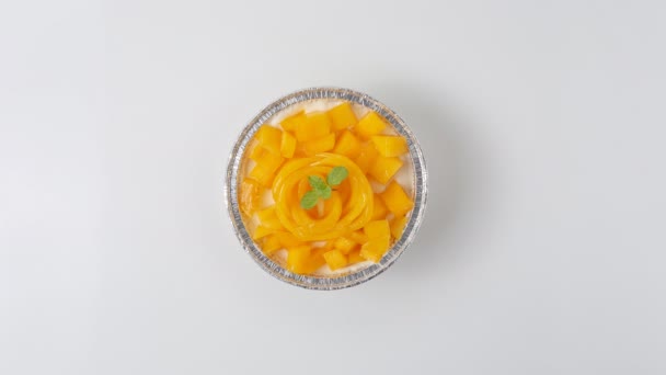 Top View Eating Fresh Mango Cheese Cream Homemade White Background — Stock Video