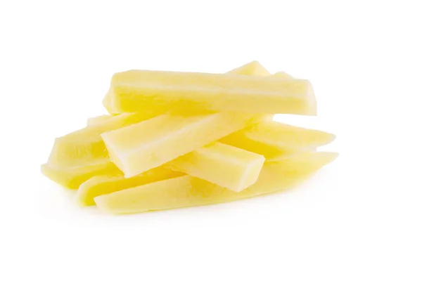 Rohe Kartoffelscheiben Streifen Für Pommes Zubereitet Isoliert Auf Weißem Hintergrund — Stockfoto